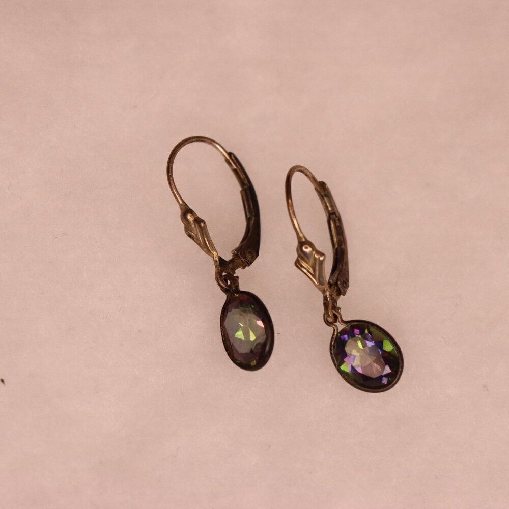 Mystic topaz gold earrings with stunning black and rainbow colors